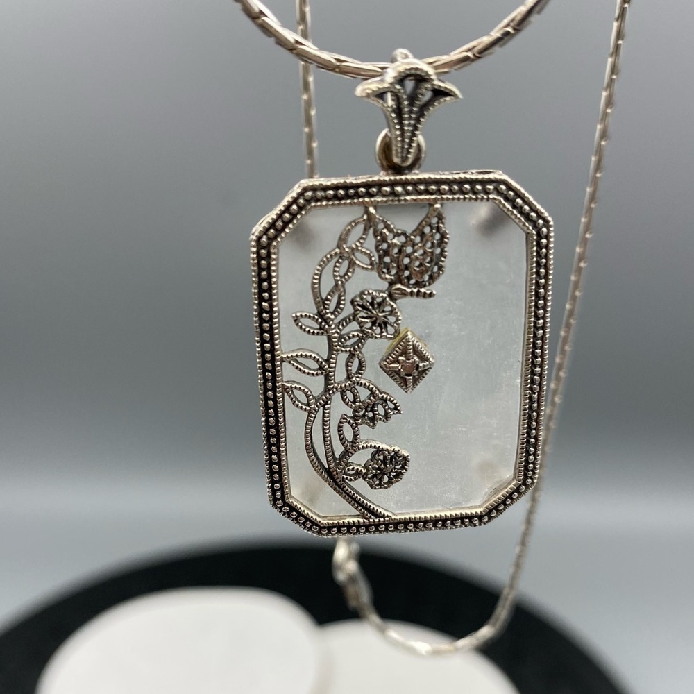 Diamond Camphor Glass Sterling Silver Art Deco Vintage Diamond Pendant Necklace